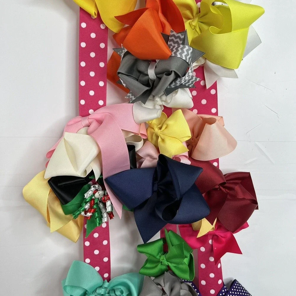 Girls Kids Hair Bow Holder Initial M White Wood Pink Ribbon 40+ Bow Lot Mix